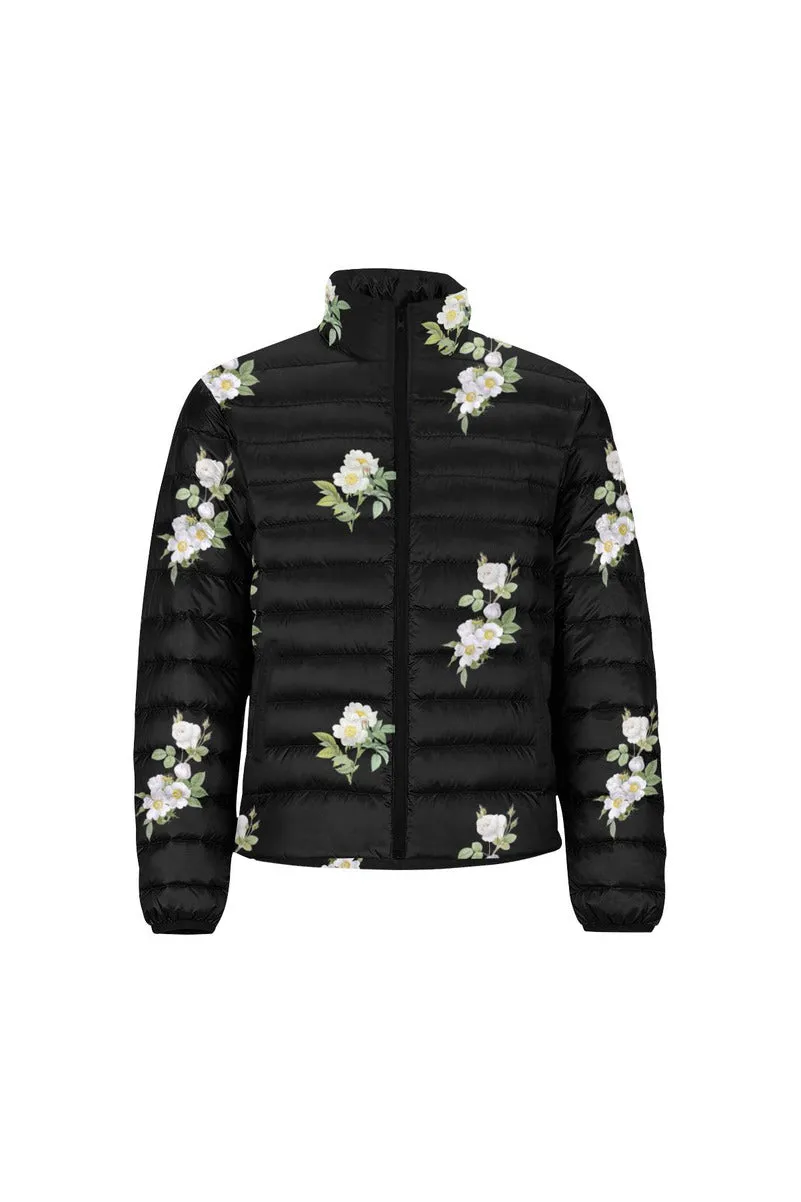 White Floral Unisex Stand Collar Padded Jacket