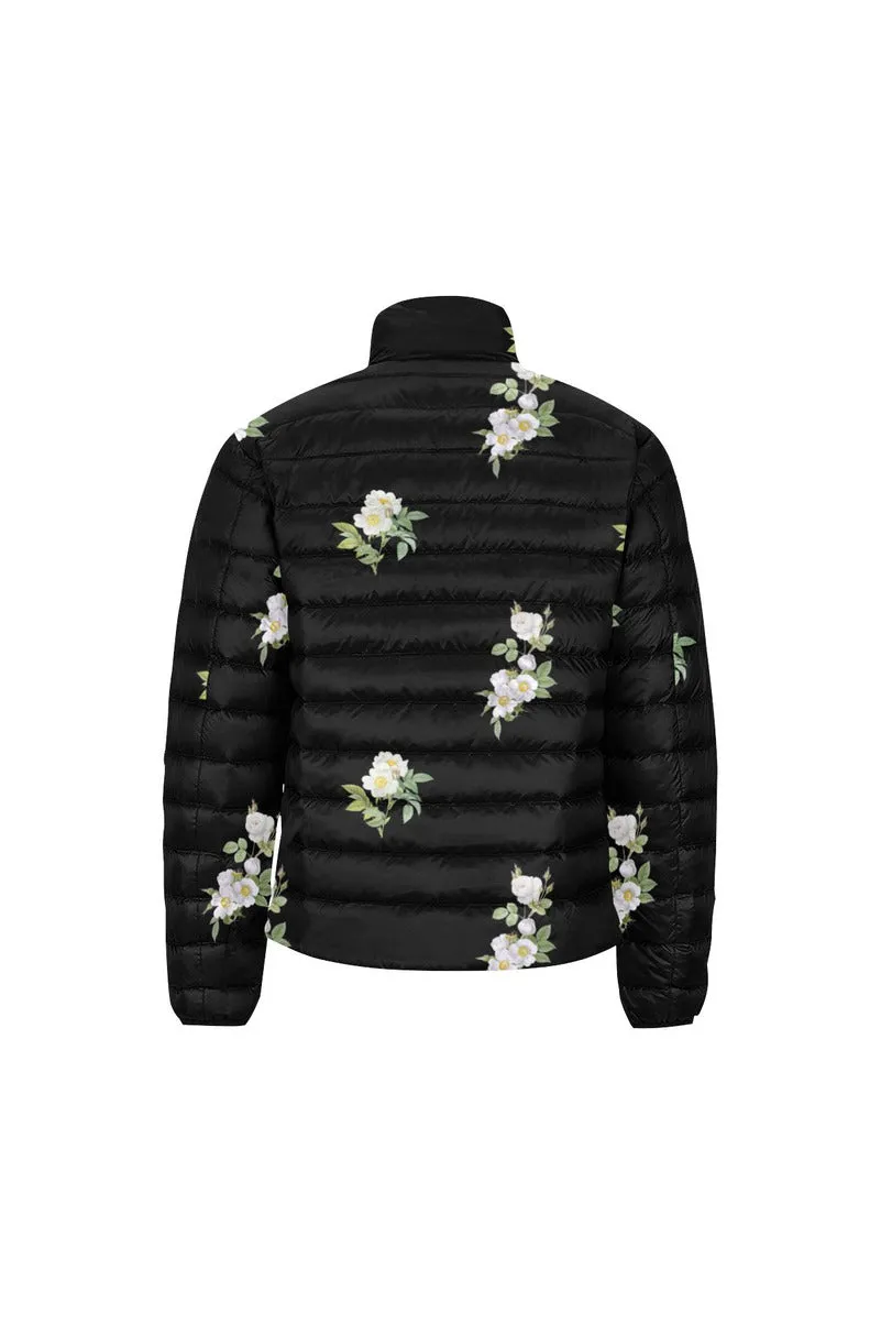 White Floral Unisex Stand Collar Padded Jacket