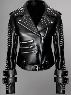 Women Black Punk Silver Spiked Studded Leather Biker Jacket